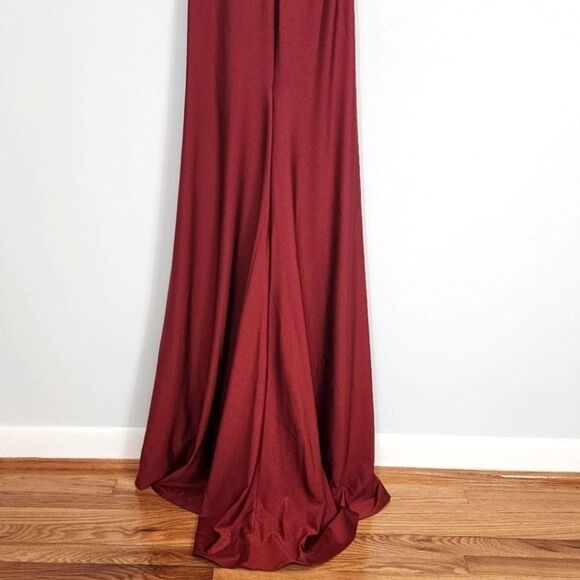 NWT La Femme Long Criss Cross Open Back Side Slit Trumpet Dress Burgundy Size 2 - Picture 10 of 12